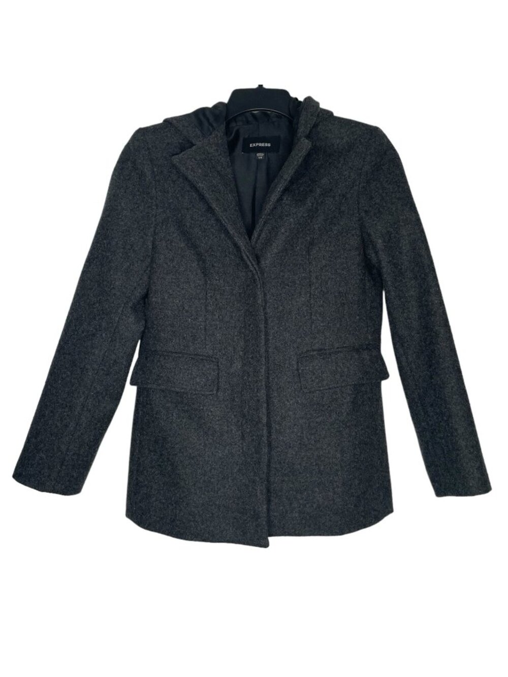 Express Womens Hooded Coat Size 7 / 8 Medium Wool Blend Pockets Lined Gray
